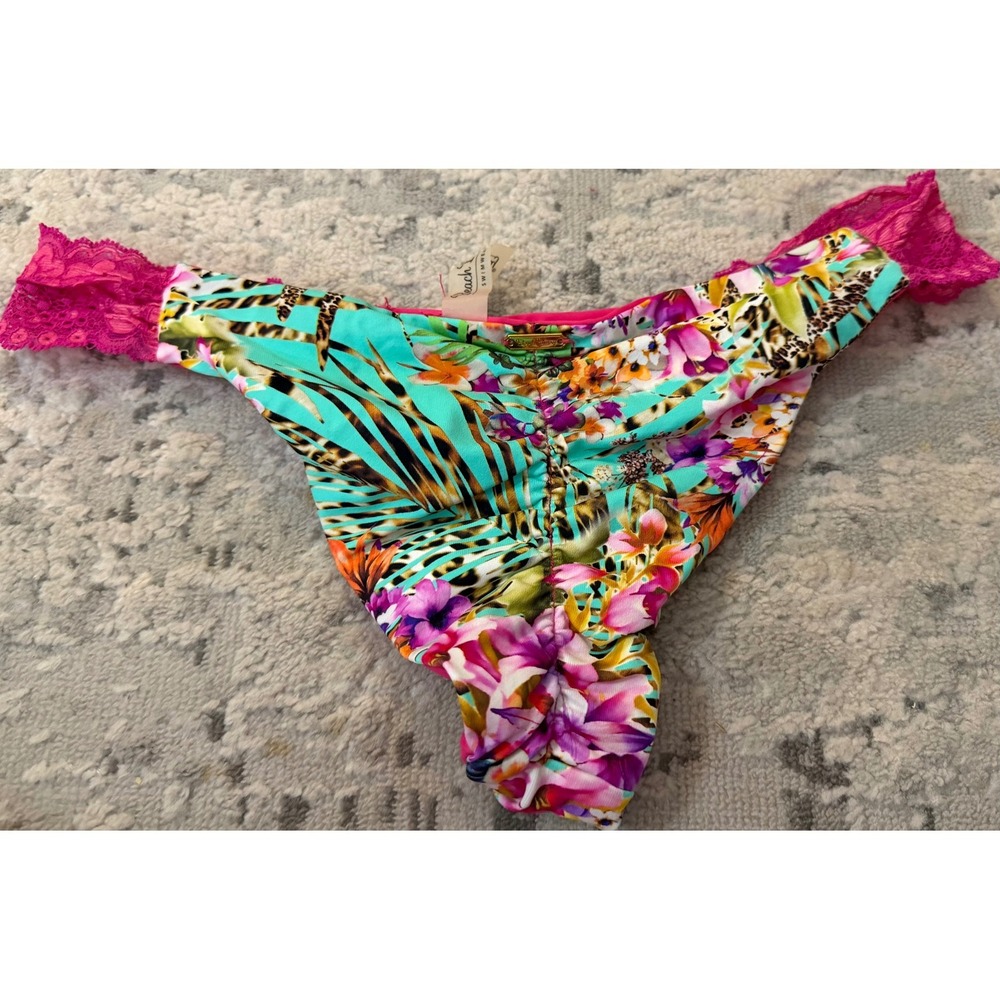 Beach Bunny Reversible Tropical Floral Leopard Lace Bikini Bottoms Pink L - Picture 2 of 5